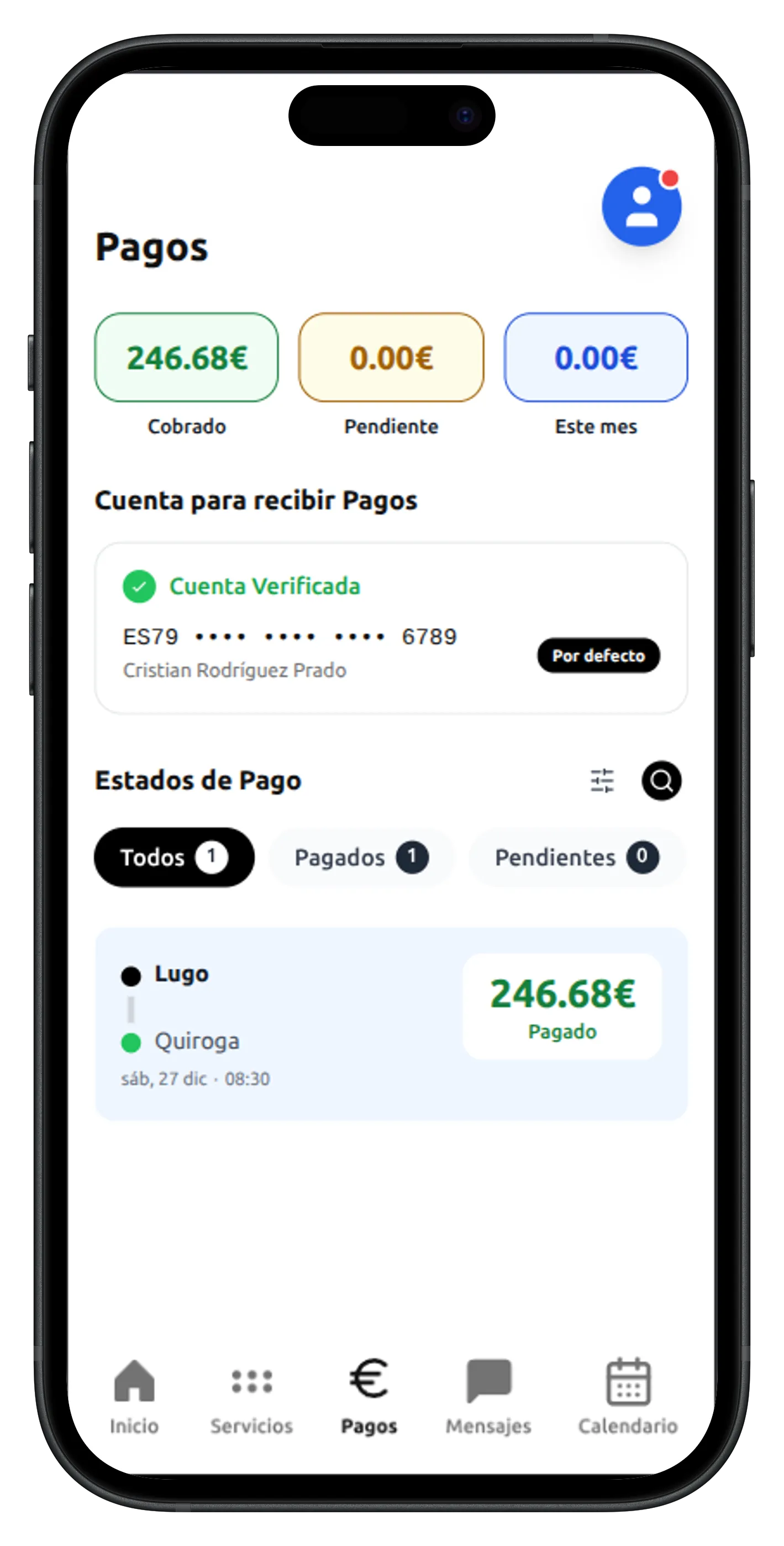 Captura de la app mostrando la gestión y pago de servicios