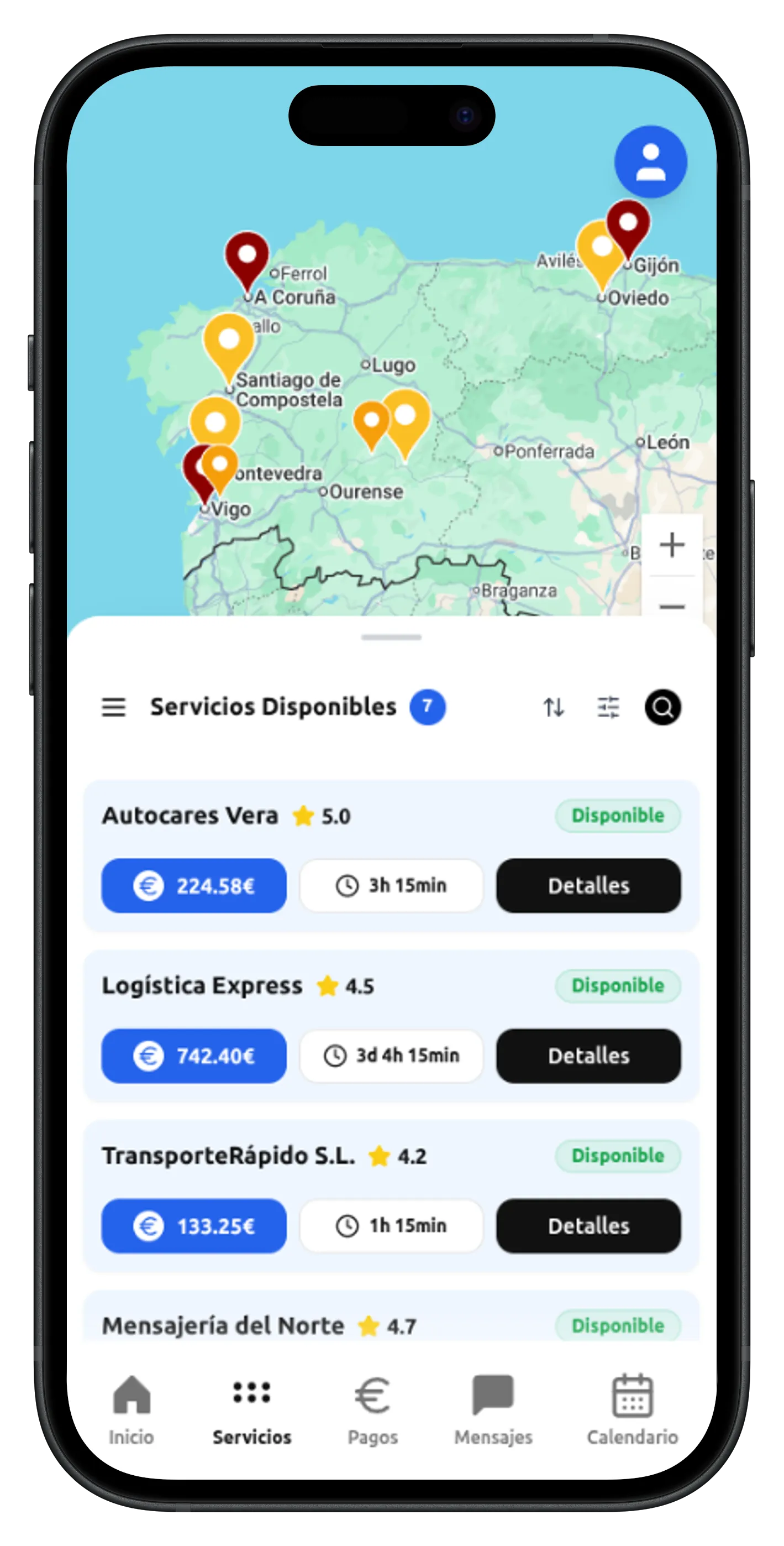 Captura de la app mostrando el listado de servicios disponibles