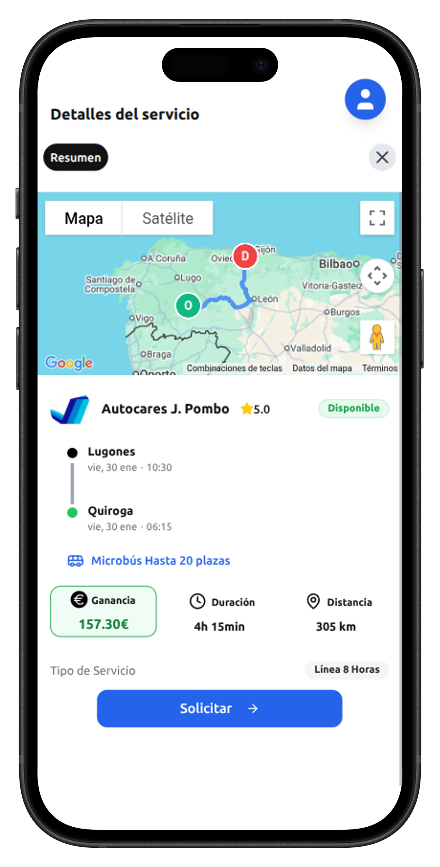 Captura de la app mostrando los detalles de un servicio