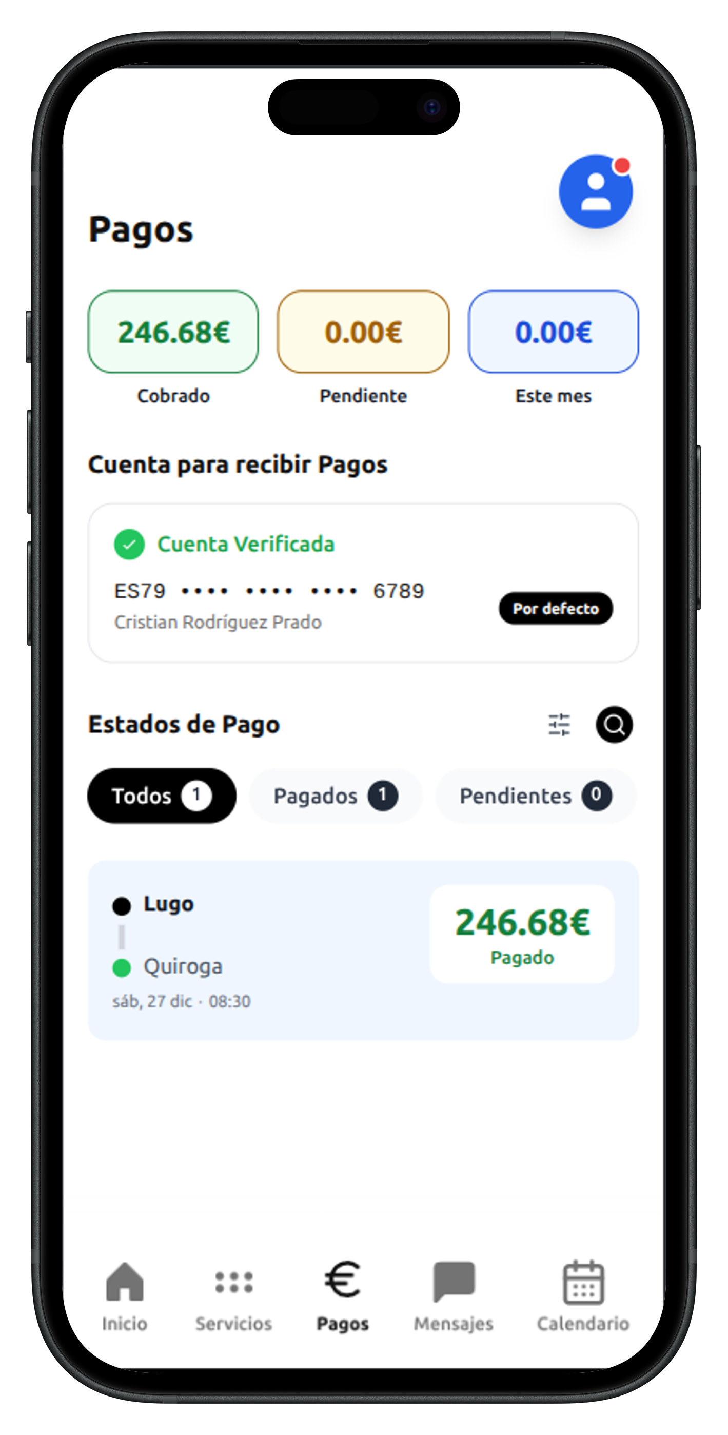 Captura de la app mostrando la gestión y pago de servicios