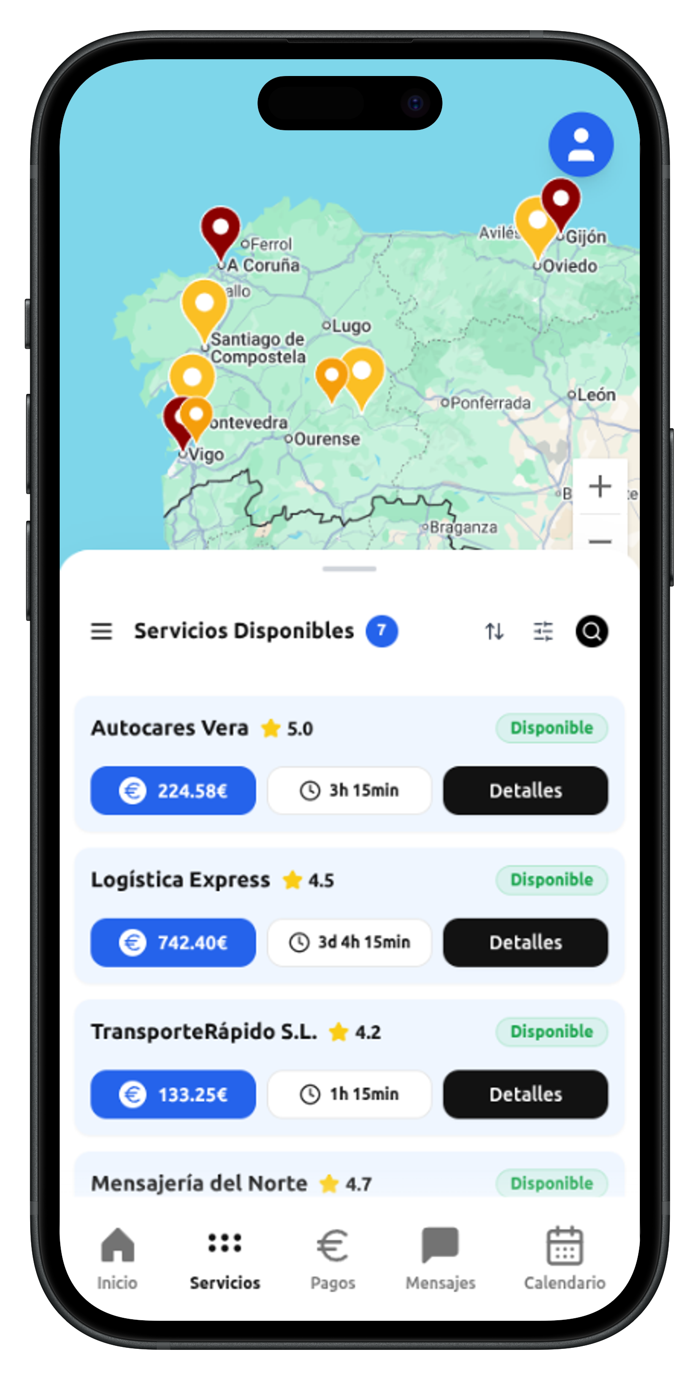 Captura de la app mostrando el listado de servicios disponibles